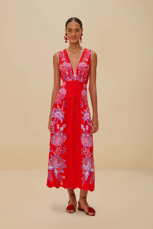 Red Porcelain Garden Euroflax™ Premium Linen Midi Dress | FARM Rio Online