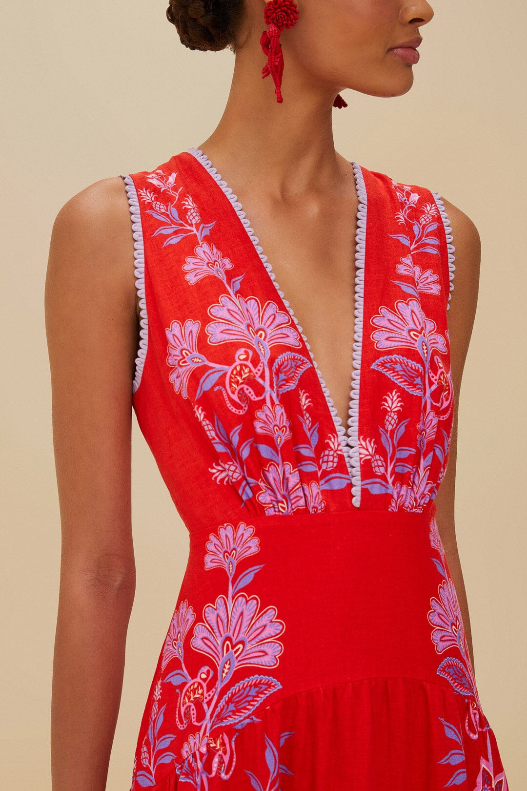 Red Porcelain Garden Euroflax™ Premium Linen Midi Dress | FARM Rio Online