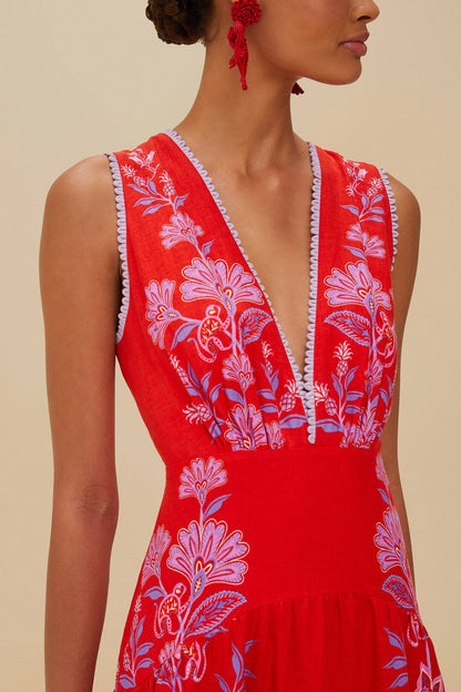 Red Porcelain Garden Euroflax™ Premium Linen Midi Dress | FARM Rio Online