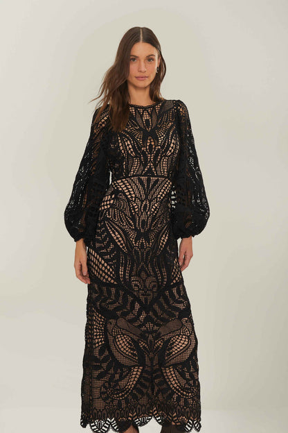 Black Nature Guipure Midi Dress | FARM Rio On Sale