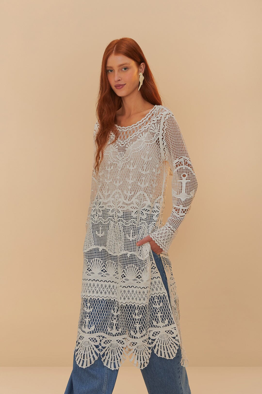 Off-White Nautical Guipure Long Sleeve Midi Dress | FARM Rio Outlet
