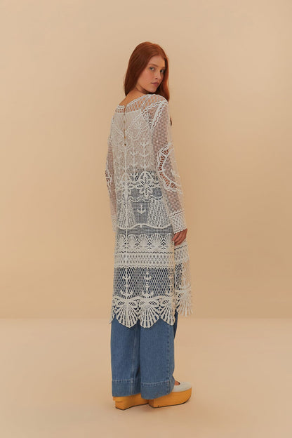 Off-White Nautical Guipure Long Sleeve Midi Dress | FARM Rio Outlet
