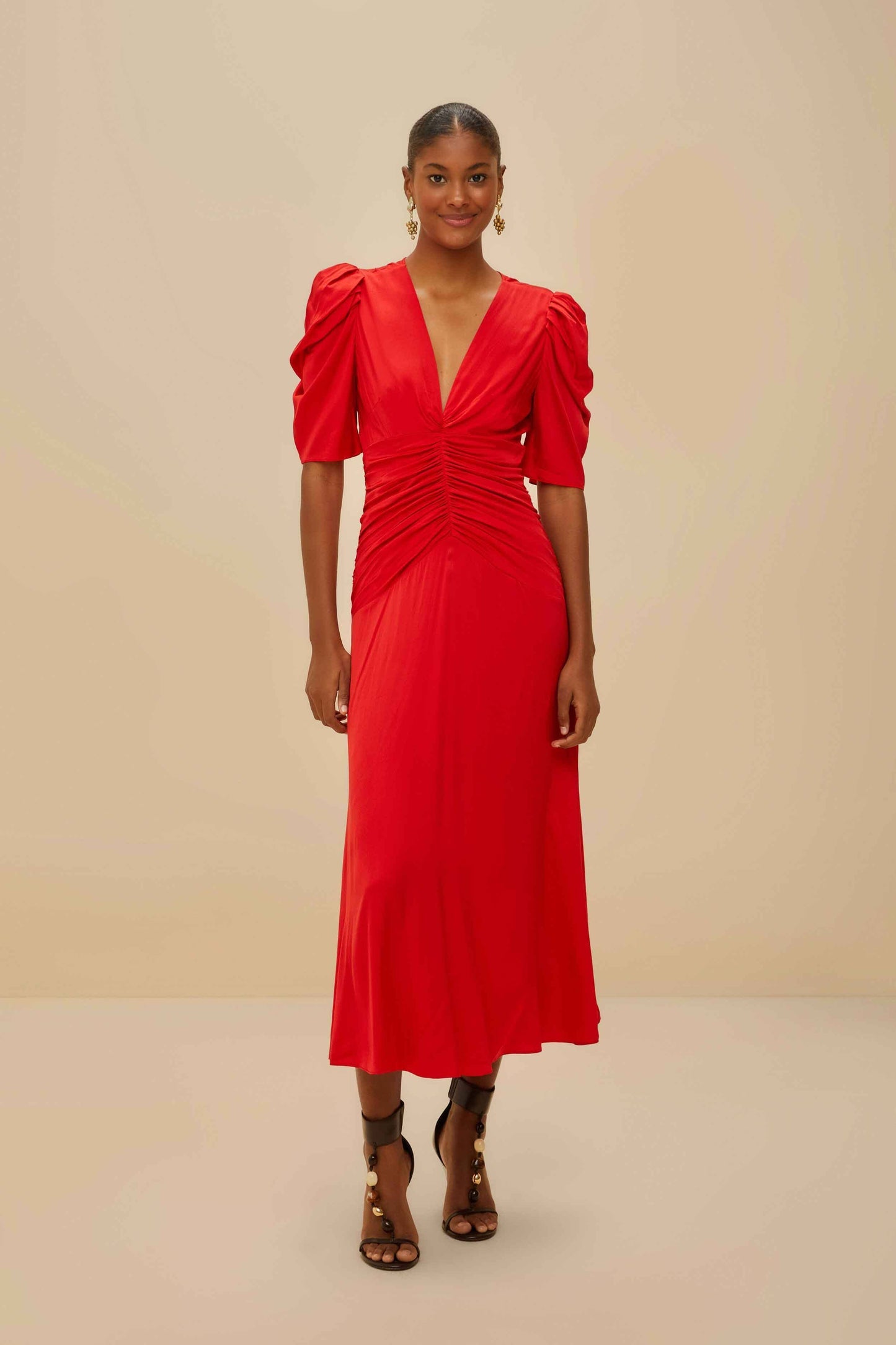 Red Gathered Midi Dress | FARM Rio
