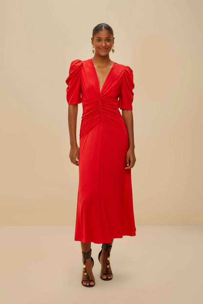 Red Gathered Midi Dress | FARM Rio