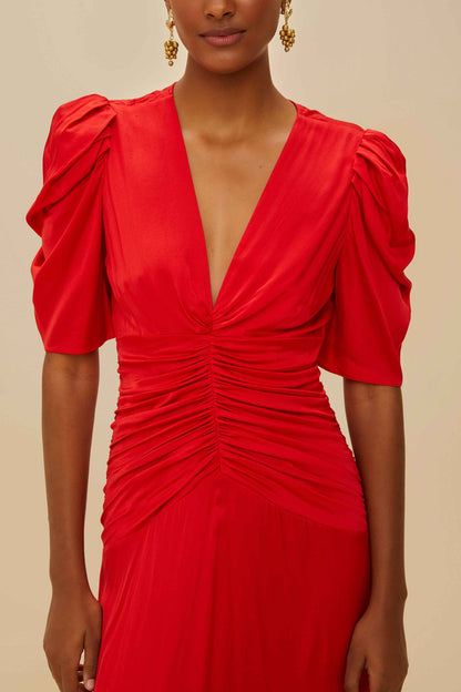 Red Gathered Midi Dress | FARM Rio