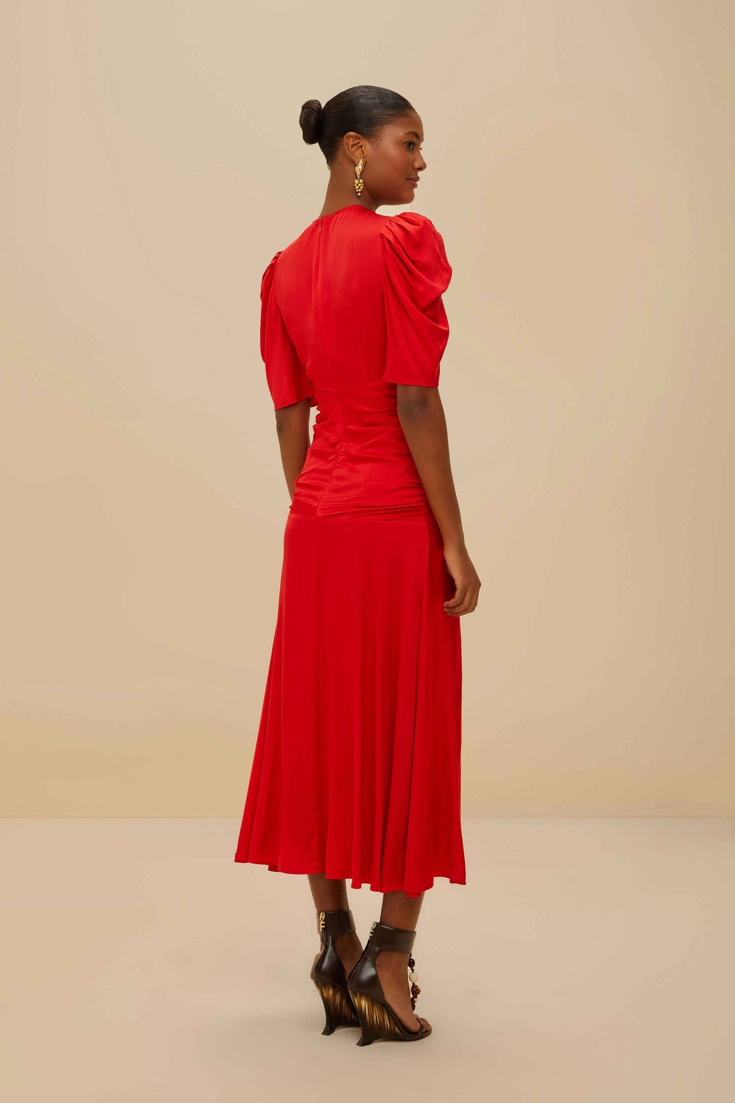 Red Gathered Midi Dress | FARM Rio