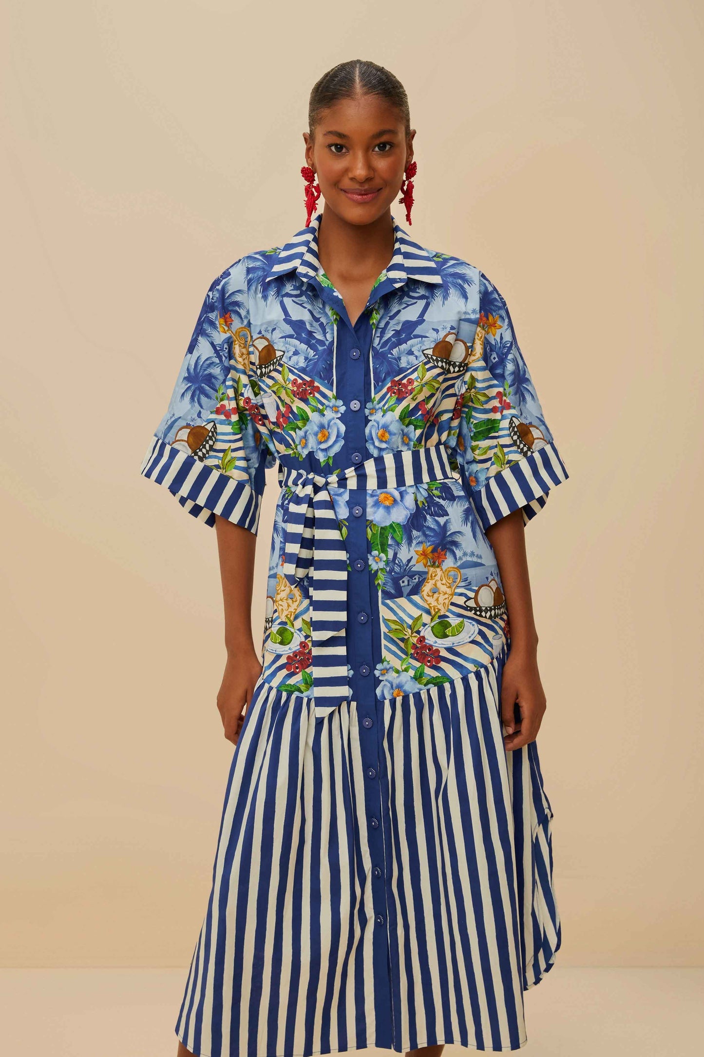 Blue Fresh Table Scarf Organic Cotton Midi Dress | FARM Rio Outlet