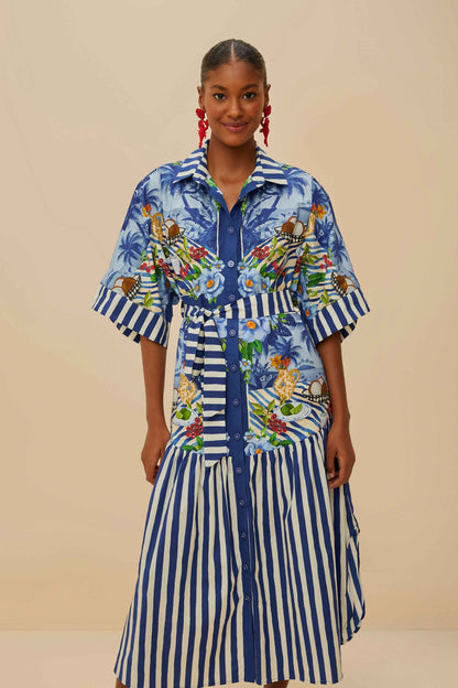 Blue Fresh Table Scarf Organic Cotton Midi Dress | FARM Rio Outlet