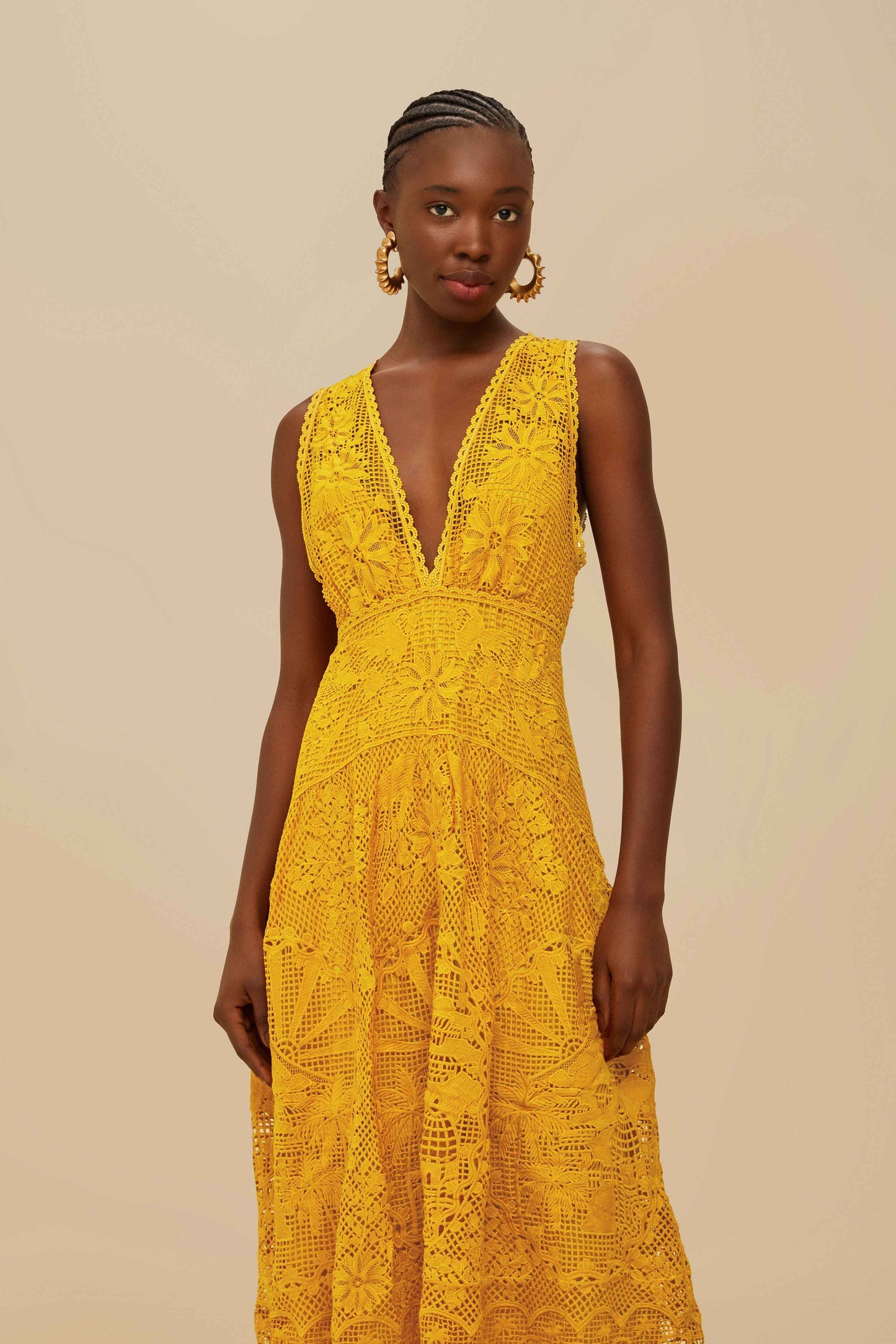 Landscape Guipure Mustard Yellow Midi Dress | FARM Rio For Sale