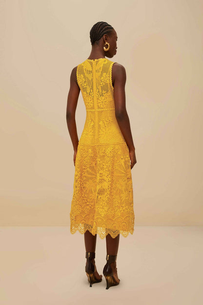 Landscape Guipure Mustard Yellow Midi Dress | FARM Rio For Sale