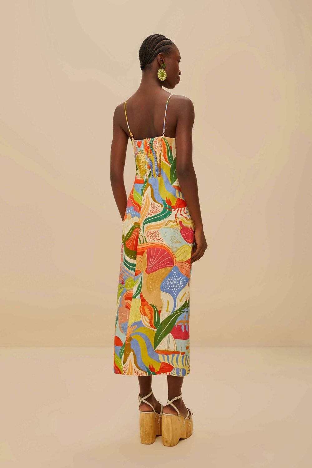 Multicolor Ocean View Twisted Cups Euroflax™ Premium Linen Midi Dress | FARM Rio US