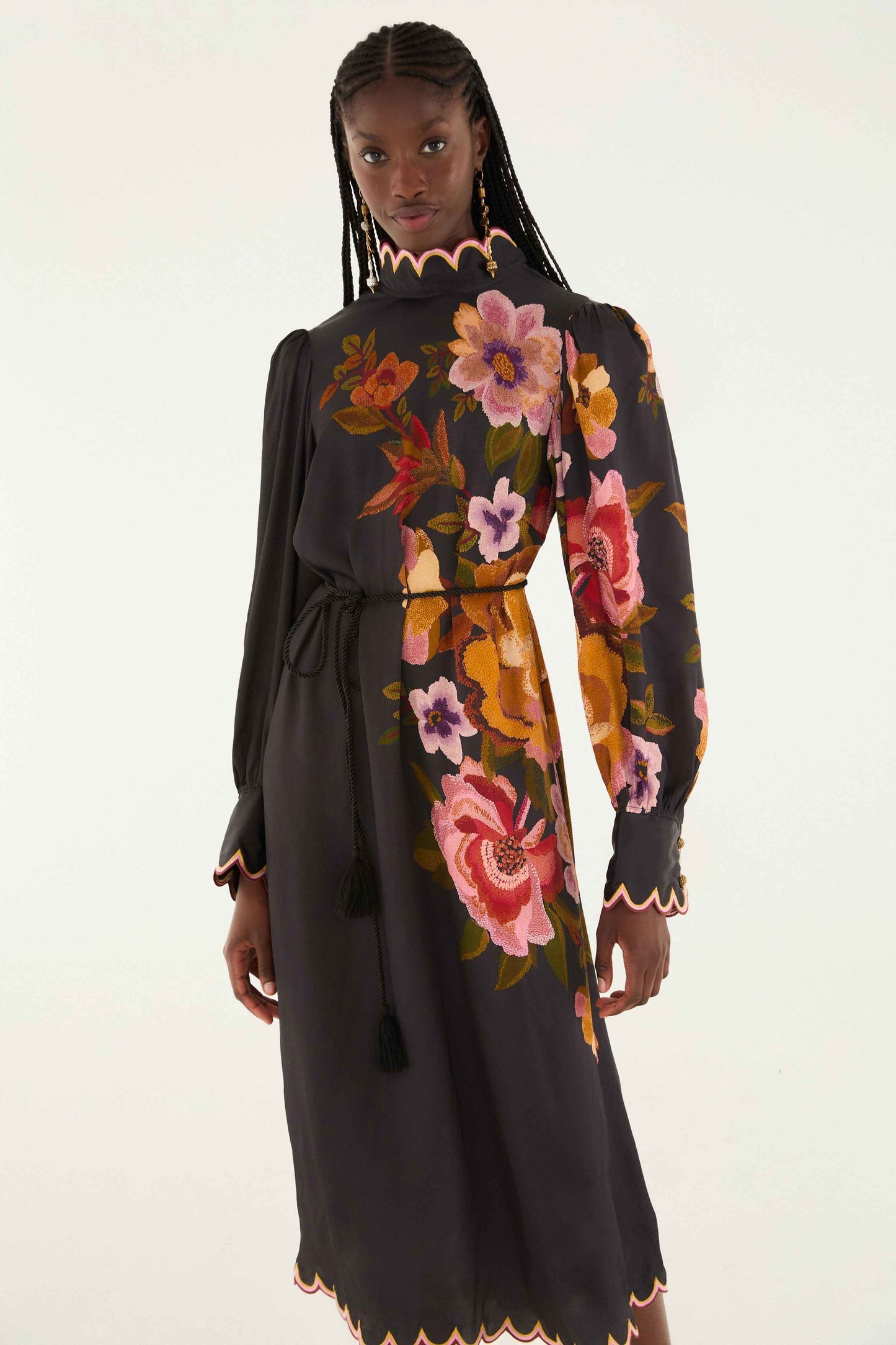 Black Chenille Flowers Lenzing� Ecovero� Viscose Midi Dress | FARM Rio | FARM Rio