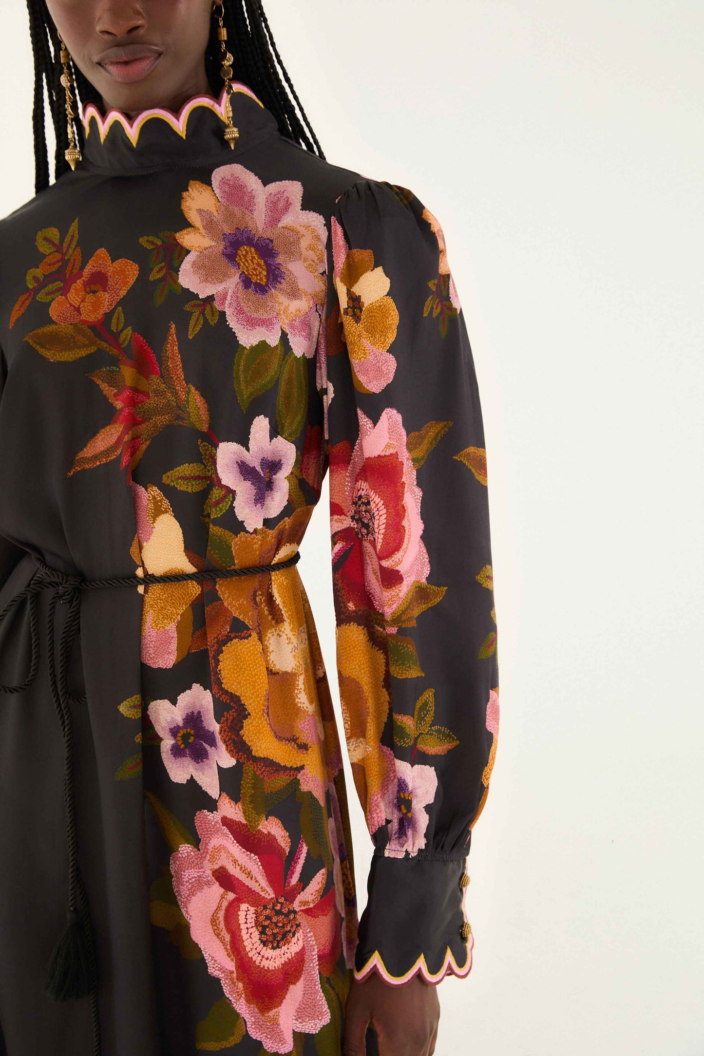 Black Chenille Flowers Lenzing� Ecovero� Viscose Midi Dress | FARM Rio | FARM Rio