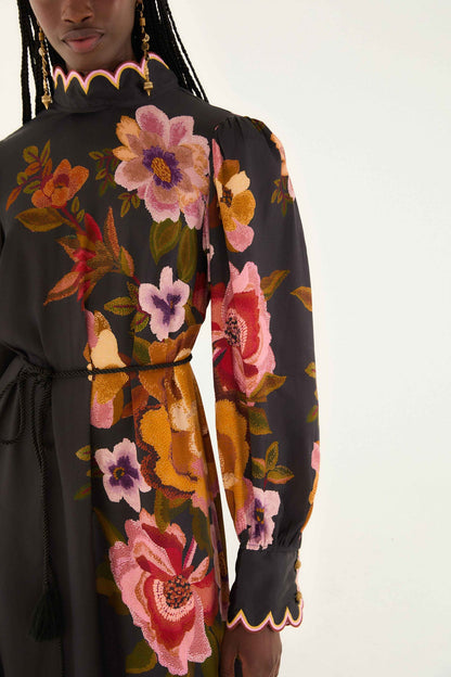 Black Chenille Flowers Lenzing� Ecovero� Viscose Midi Dress | FARM Rio | FARM Rio