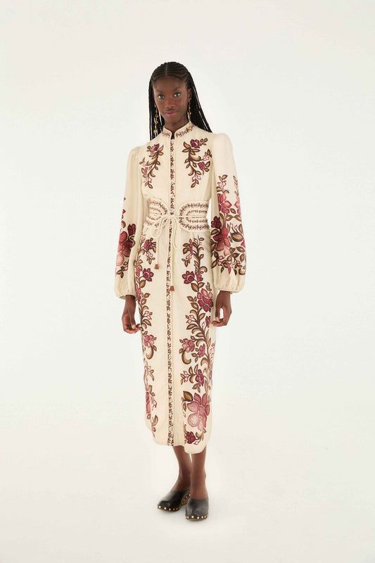 Sand Renata Floral Long Sleeve Midi Dress | FARM Rio | FARM Rio Online