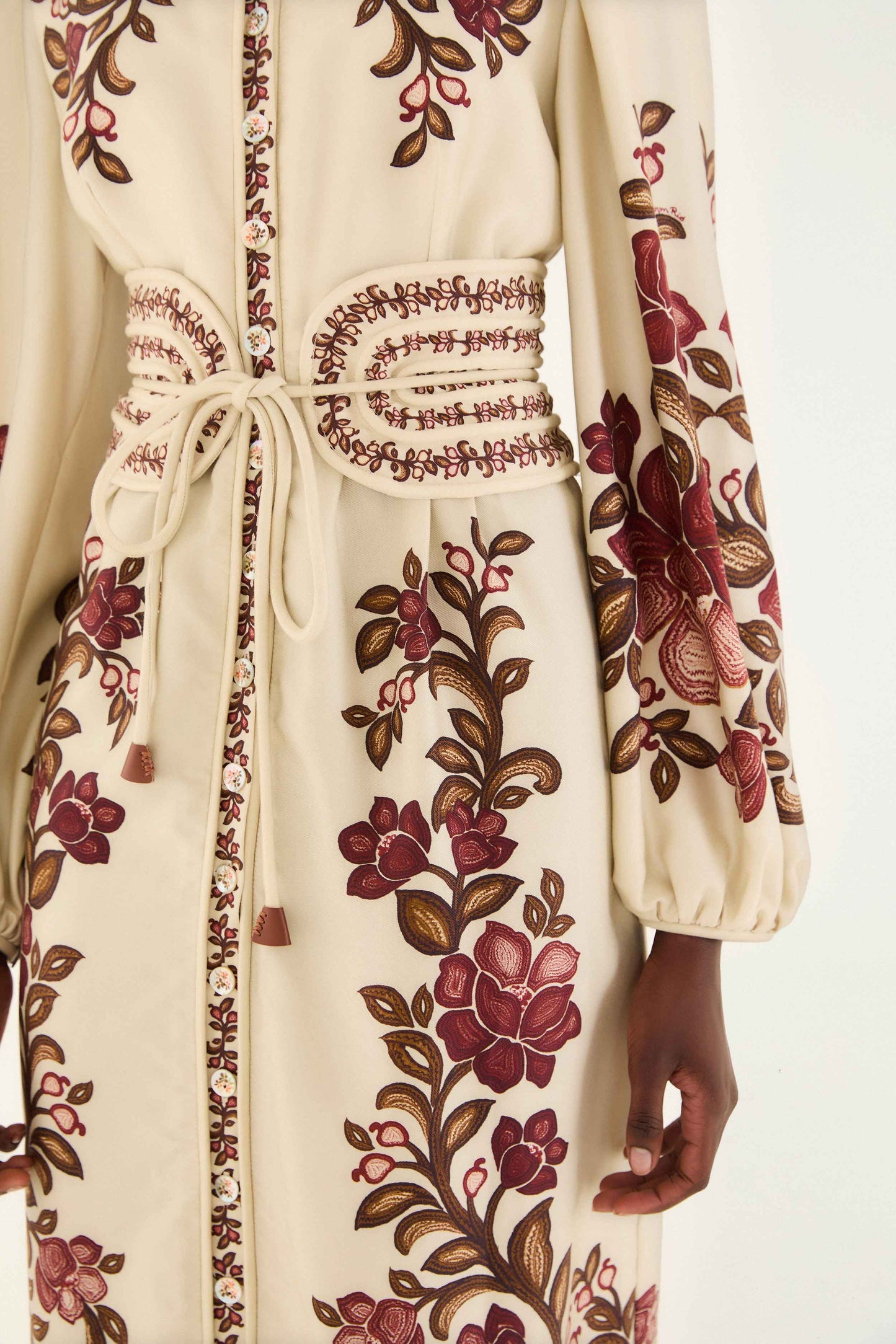 Sand Renata Floral Long Sleeve Midi Dress | FARM Rio | FARM Rio Online