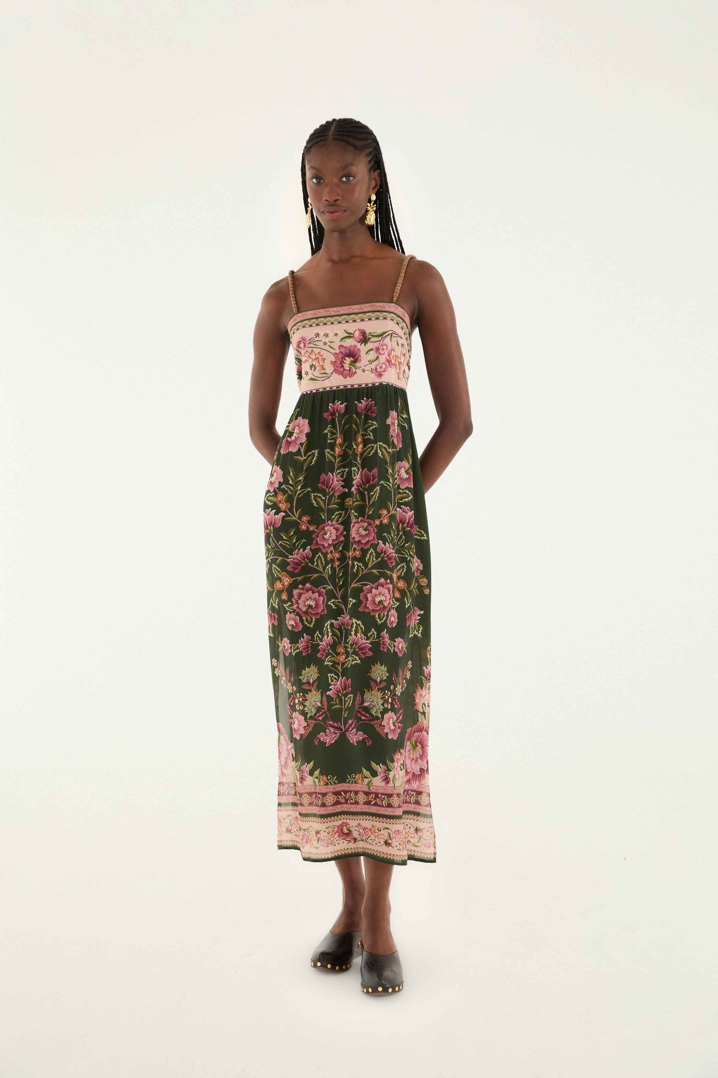 Green Flowering Garden Tree Sleveeless Midi Dress | FARM Rio | FARM Rio Discount