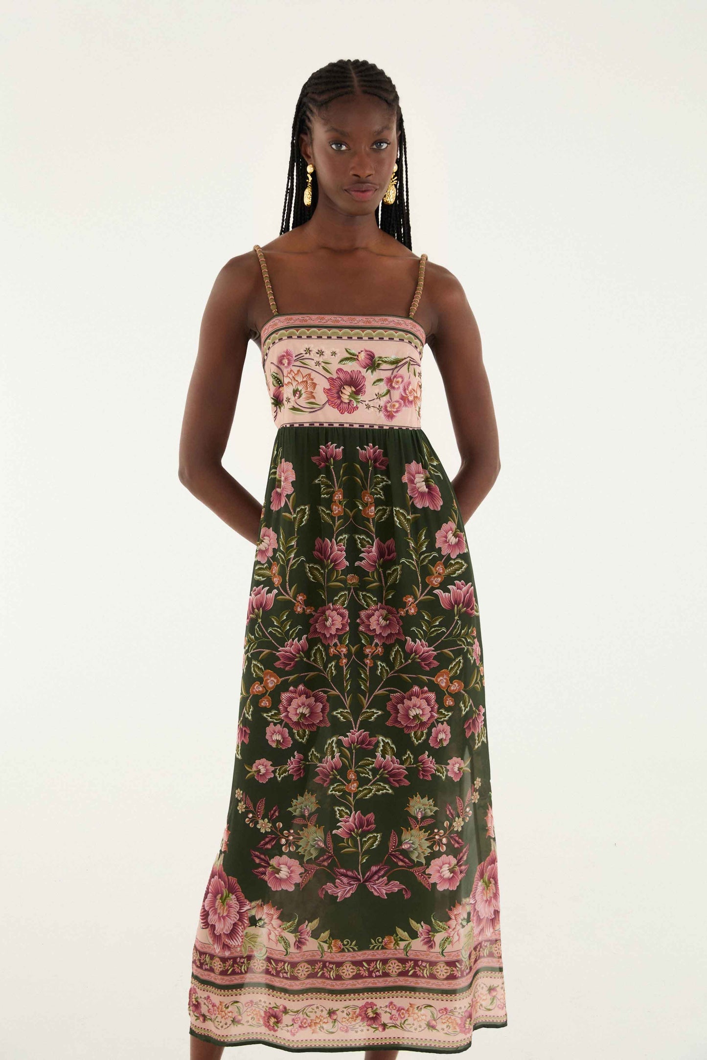 Green Flowering Garden Tree Sleveeless Midi Dress | FARM Rio | FARM Rio Discount