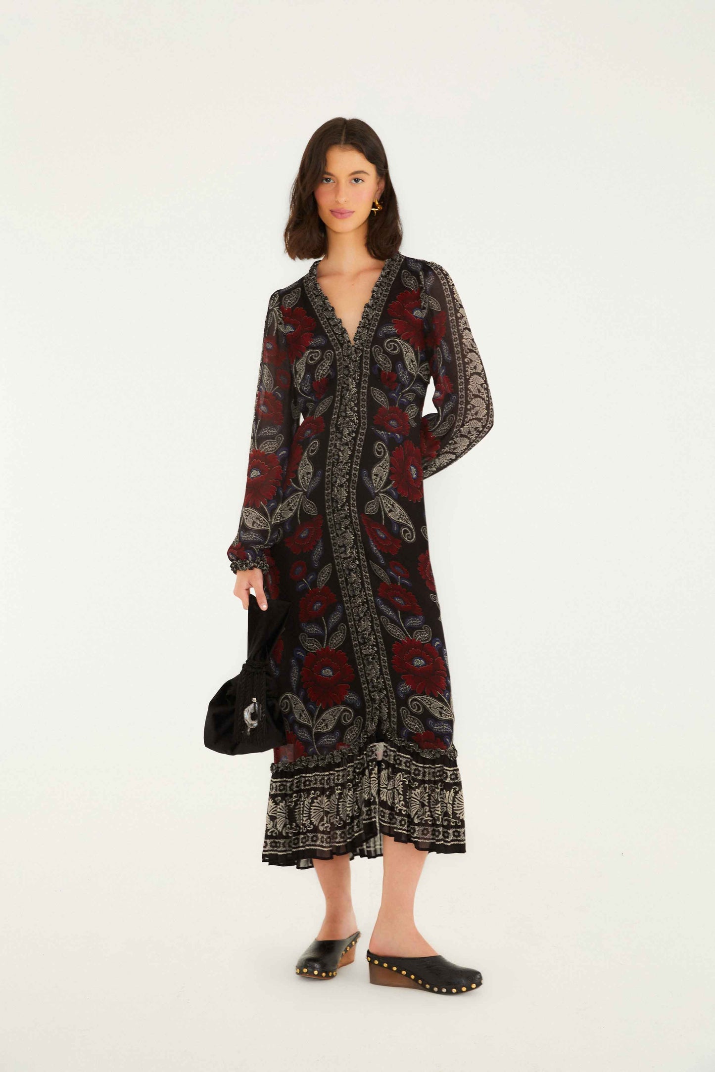 Black Valentina Ruffled Long Sleeve Midi Dress | FARM Rio | FARM Rio Near Me