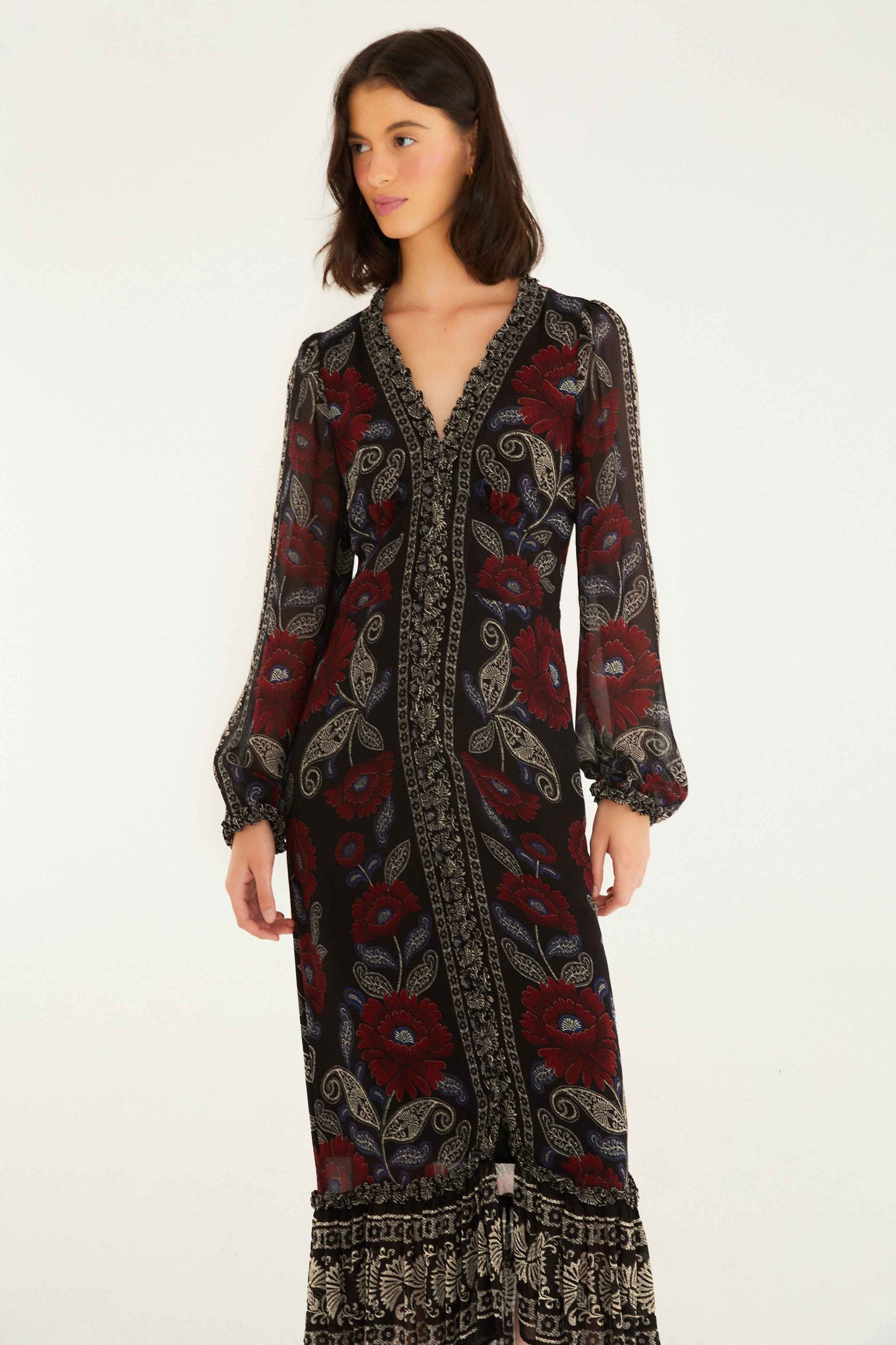 Black Valentina Ruffled Long Sleeve Midi Dress | FARM Rio | FARM Rio Near Me