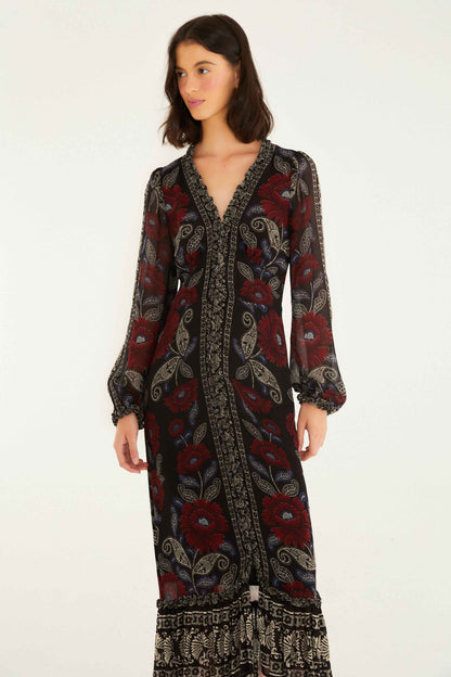 Black Valentina Ruffled Long Sleeve Midi Dress | FARM Rio | FARM Rio Near Me