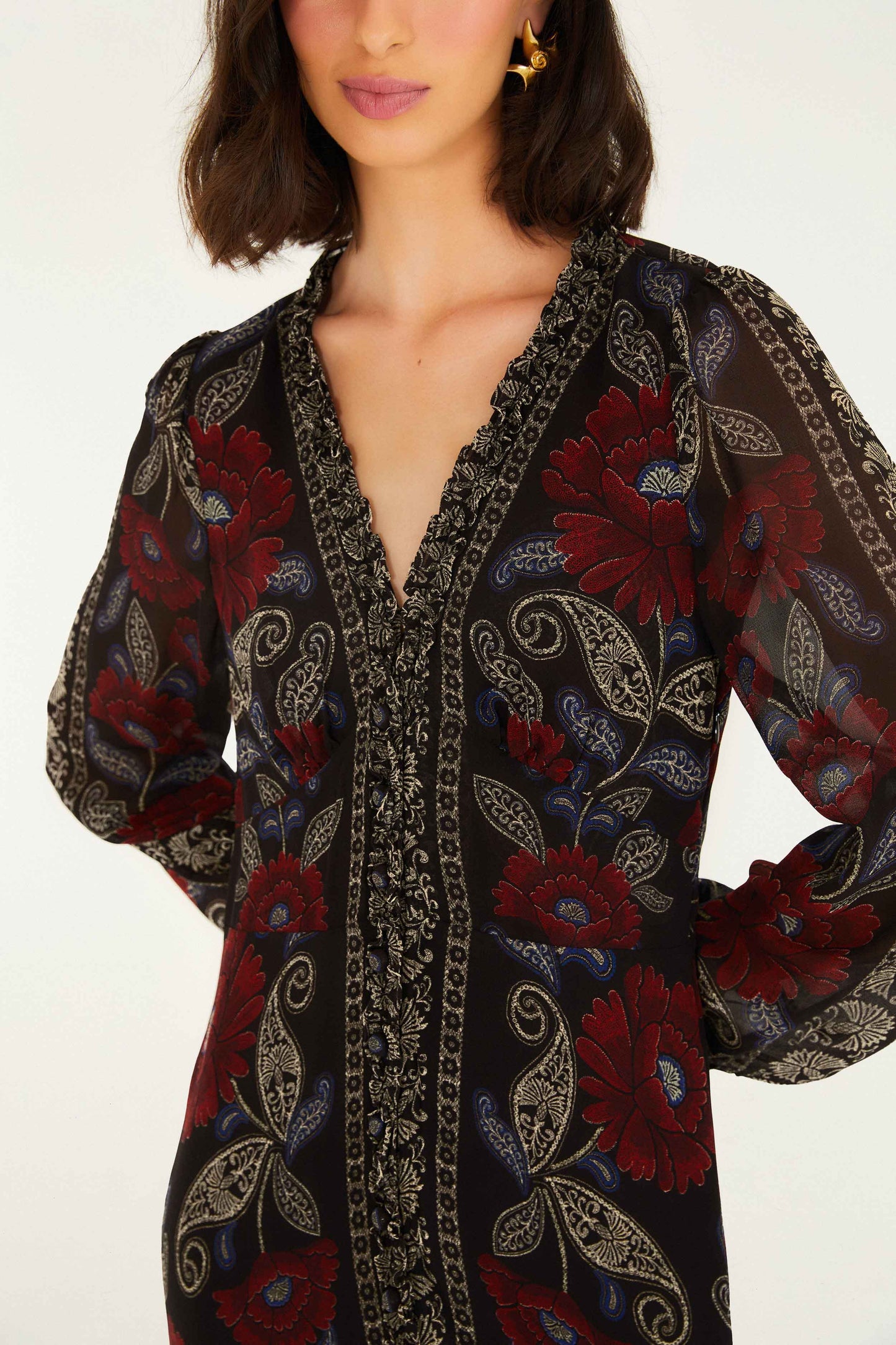 Black Valentina Ruffled Long Sleeve Midi Dress | FARM Rio | FARM Rio Near Me