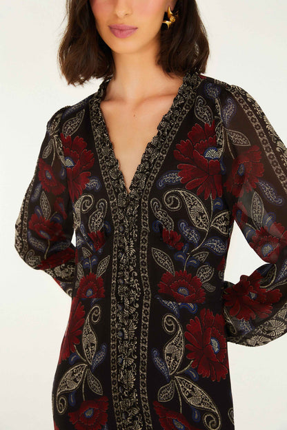Black Valentina Ruffled Long Sleeve Midi Dress | FARM Rio | FARM Rio Near Me