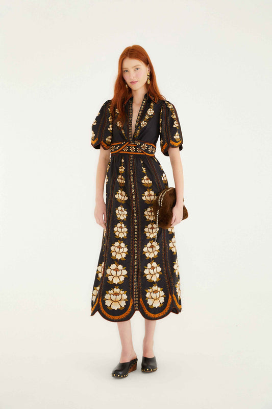 Black Embroidered Flowers Organic Cotton Midi Dress | FARM Rio | FARM Rio For Sale