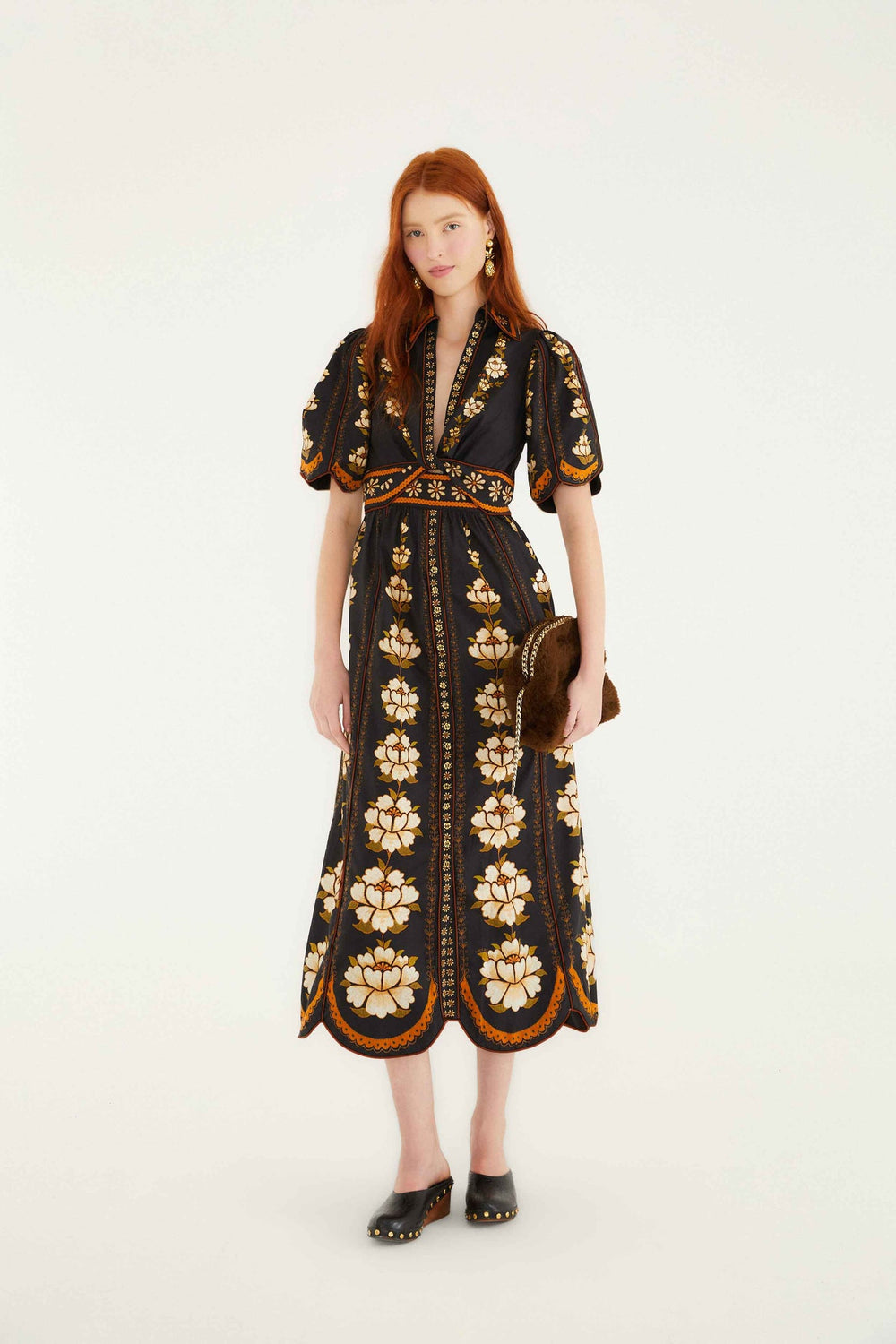 Black Embroidered Flowers Organic Cotton Midi Dress | FARM Rio | FARM Rio For Sale