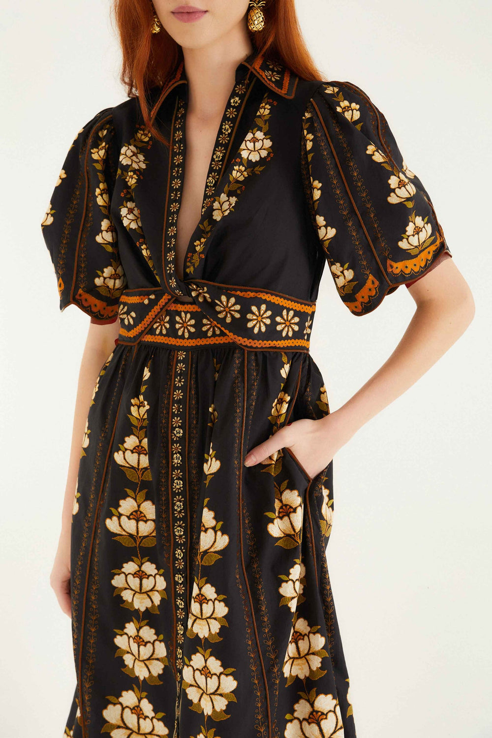 Black Embroidered Flowers Organic Cotton Midi Dress | FARM Rio | FARM Rio For Sale