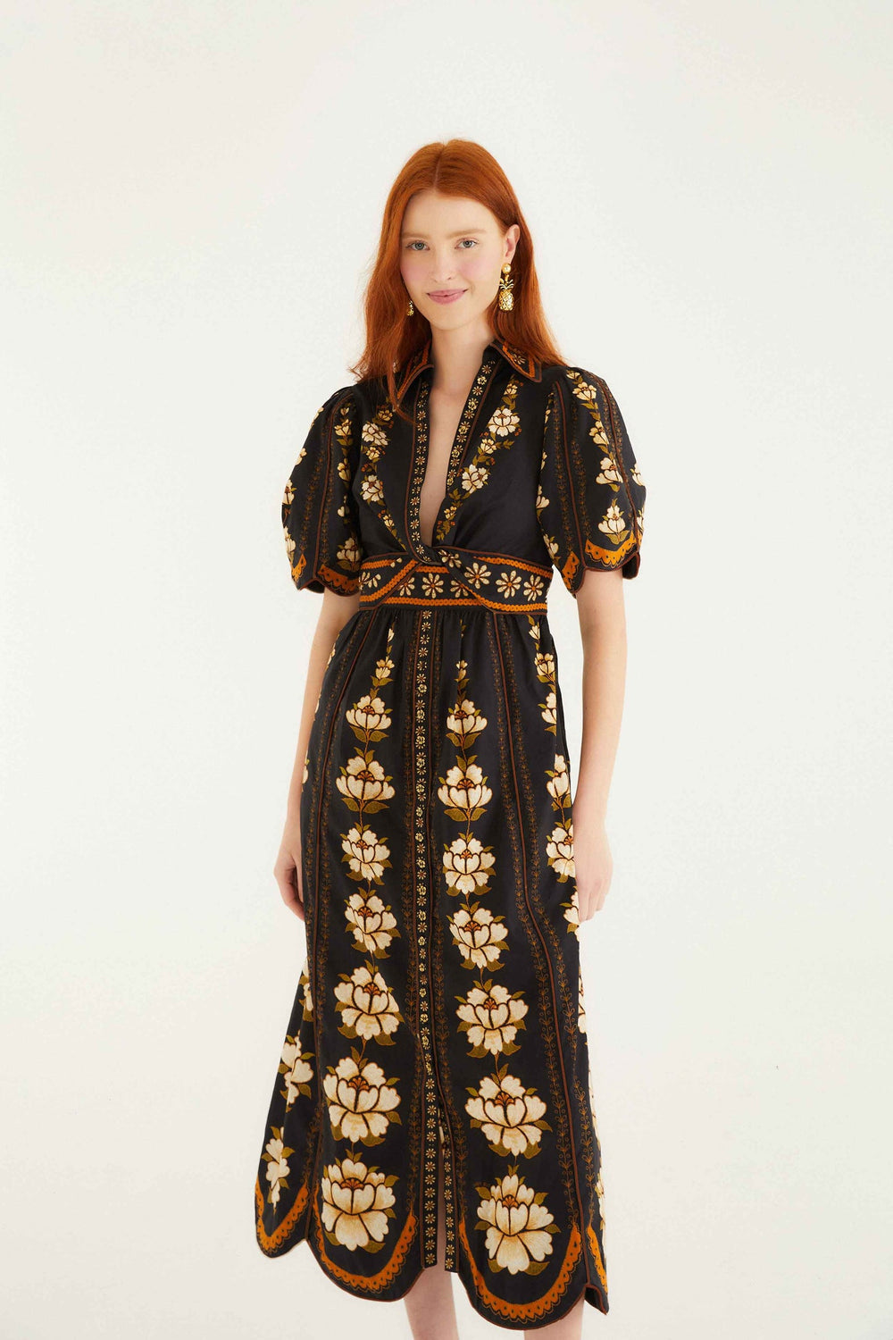 Black Embroidered Flowers Organic Cotton Midi Dress | FARM Rio | FARM Rio For Sale