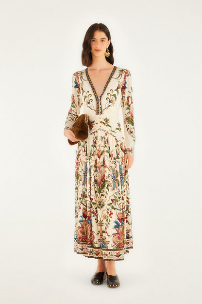 Cream Majestic Hearts Long Sleeve Midi Dress | FARM Rio | FARM Rio