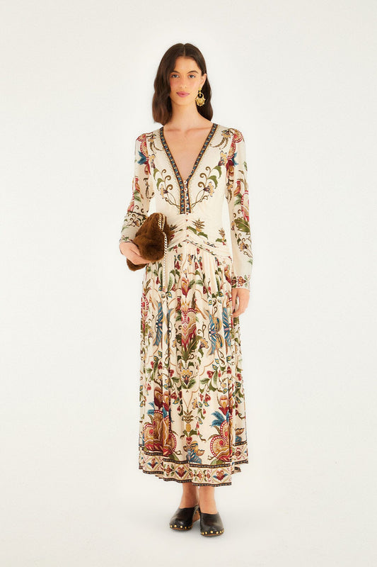 Cream Majestic Hearts Long Sleeve Midi Dress | FARM Rio | FARM Rio
