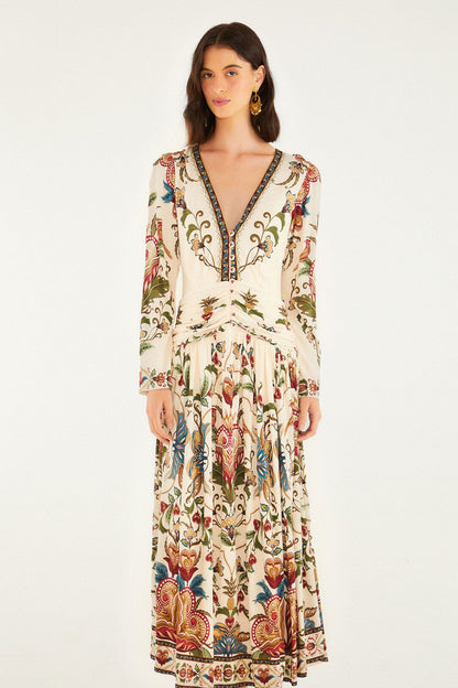 Cream Majestic Hearts Long Sleeve Midi Dress | FARM Rio | FARM Rio