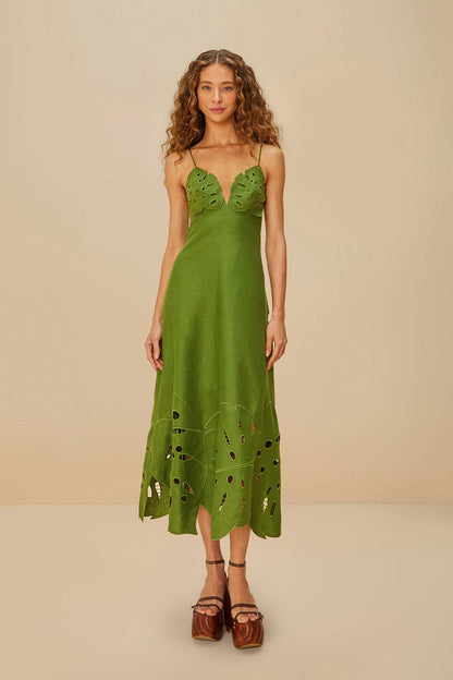 Green Monstera Embroidered Euroflax™ Premium Linen Midi Dress | FARM Rio Near Me