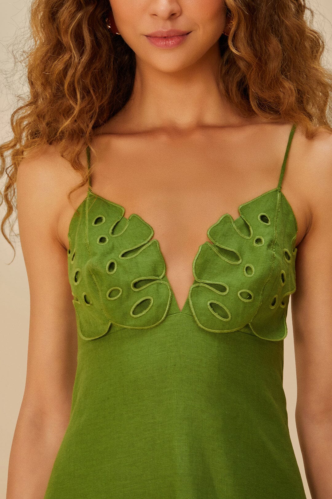 Green Monstera Embroidered Euroflax™ Premium Linen Midi Dress | FARM Rio Near Me