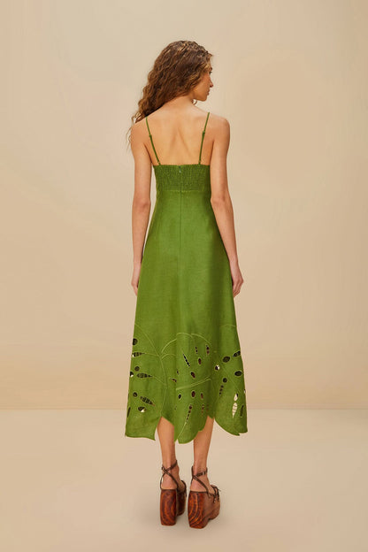 Green Monstera Embroidered Euroflax™ Premium Linen Midi Dress | FARM Rio Near Me
