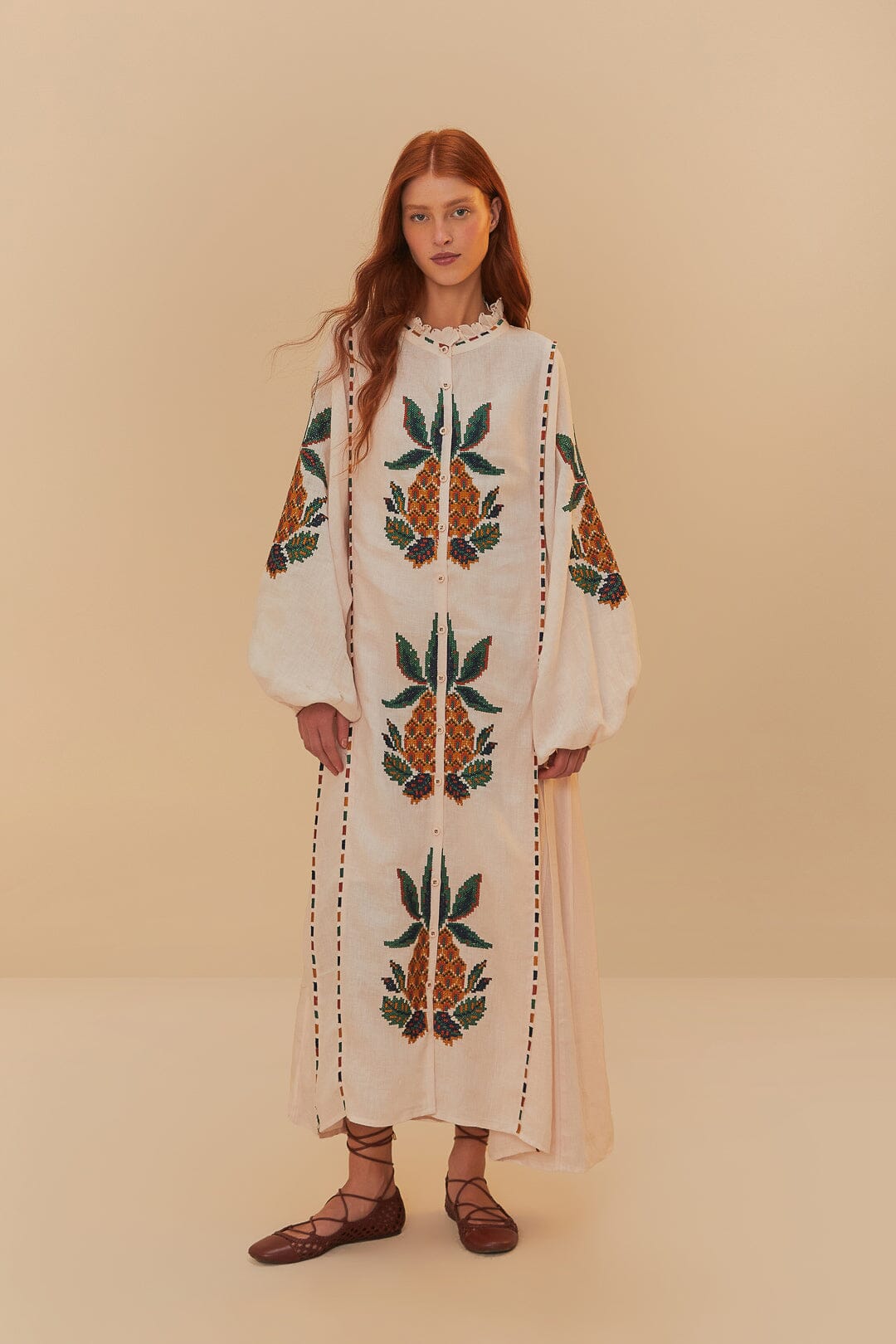 Light Pink Cross Stitch Pineapple Embroidered Midi Dress | FARM Rio On Sale