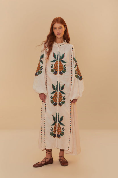 Light Pink Cross Stitch Pineapple Embroidered Midi Dress | FARM Rio On Sale