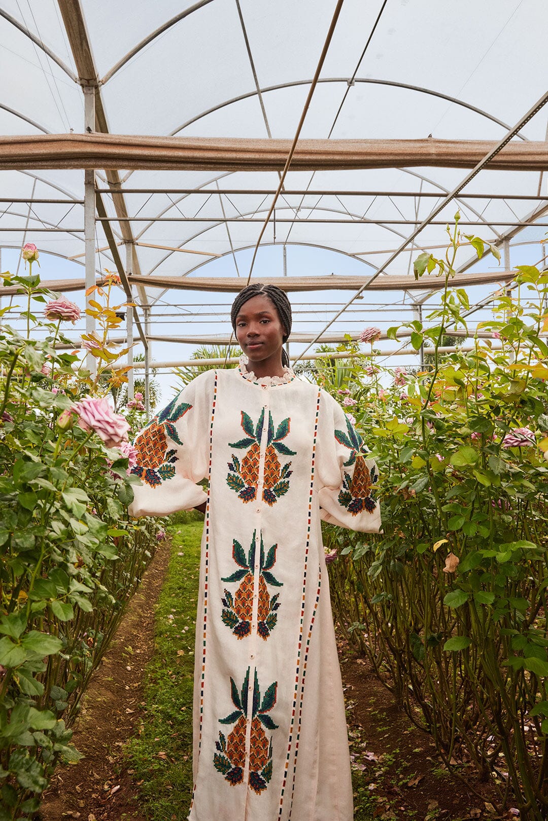 Light Pink Cross Stitch Pineapple Embroidered Midi Dress | FARM Rio On Sale