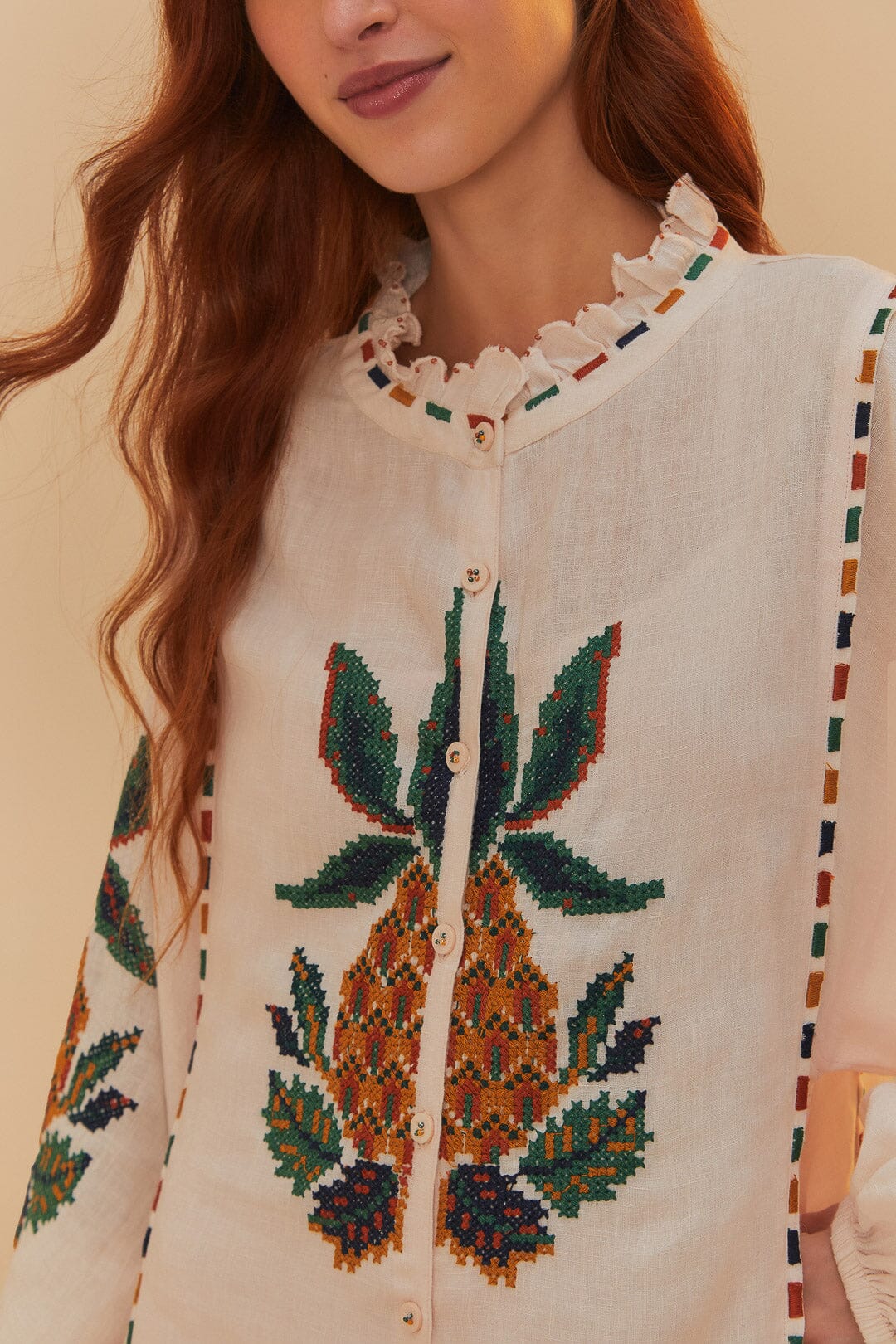 Light Pink Cross Stitch Pineapple Embroidered Midi Dress | FARM Rio On Sale