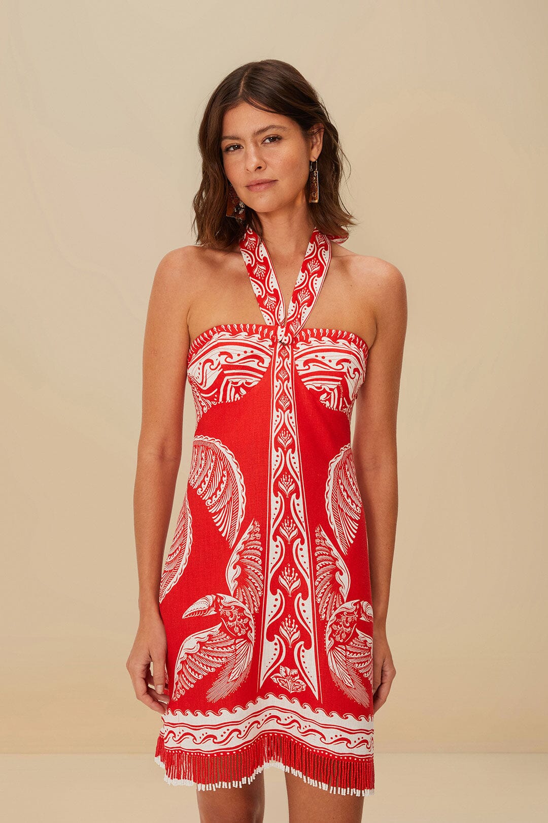Red Majestic Coconut Tree Euroflax™ Premium Linen Mini Dress | FARM Rio On Sale