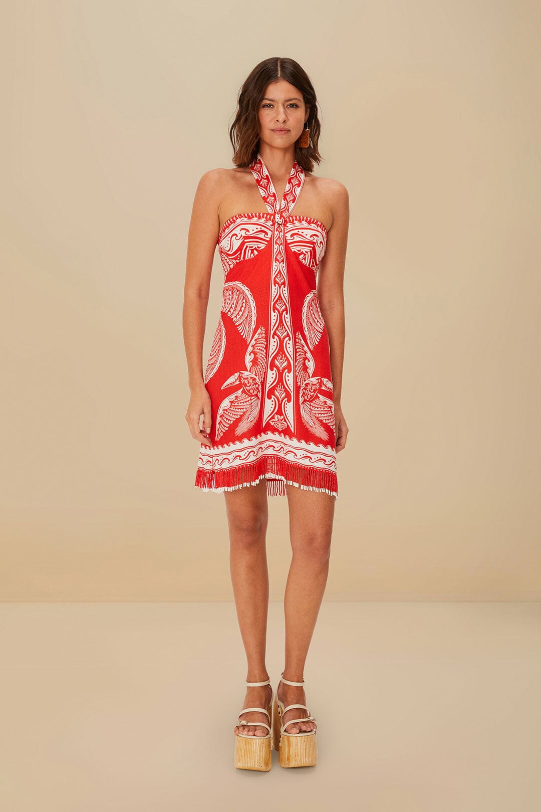 Red Majestic Coconut Tree Euroflax™ Premium Linen Mini Dress | FARM Rio On Sale