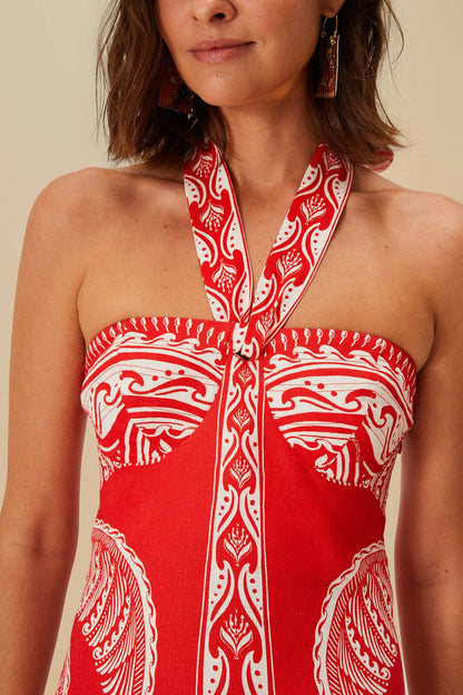 Red Majestic Coconut Tree Euroflax™ Premium Linen Mini Dress | FARM Rio On Sale