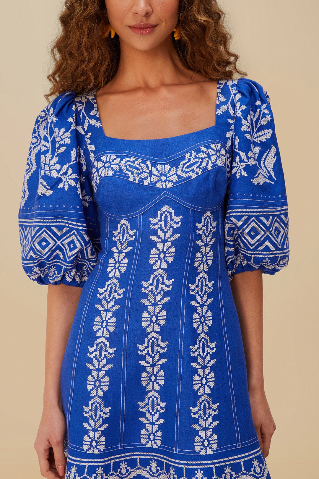 Blue Tropical Cross Stitch Euroflax™ Premium Linen Mini Dress | FARM Rio US
