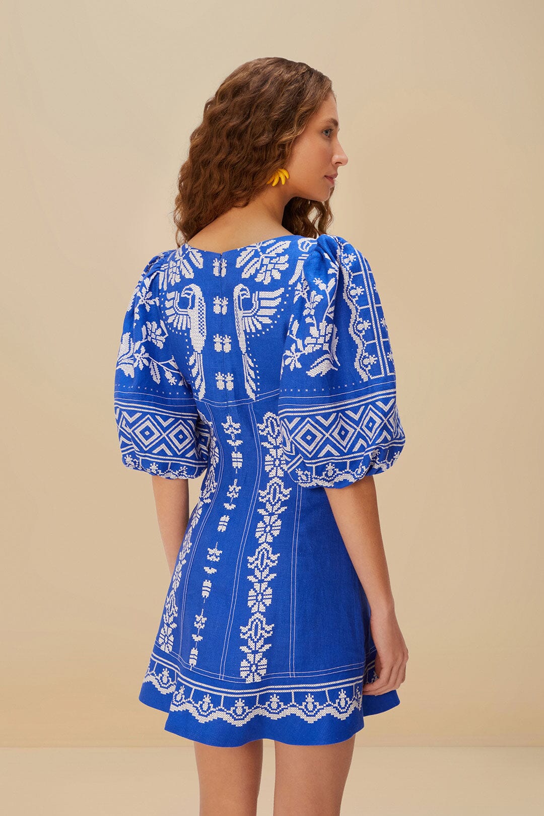 Blue Tropical Cross Stitch Euroflax™ Premium Linen Mini Dress | FARM Rio US