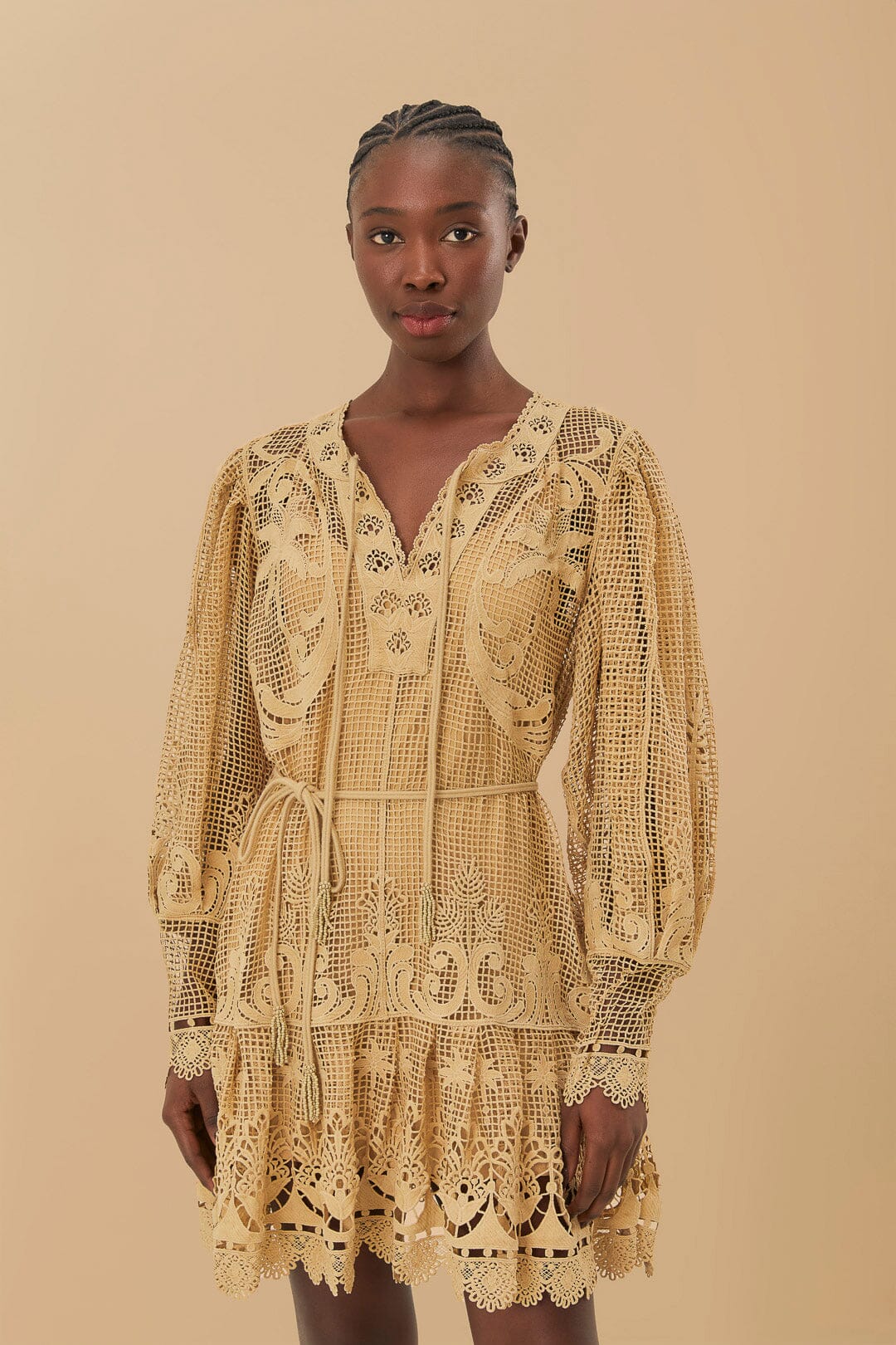 Sand Tropical Flight Guipure Mini Dress | FARM Rio For Sale