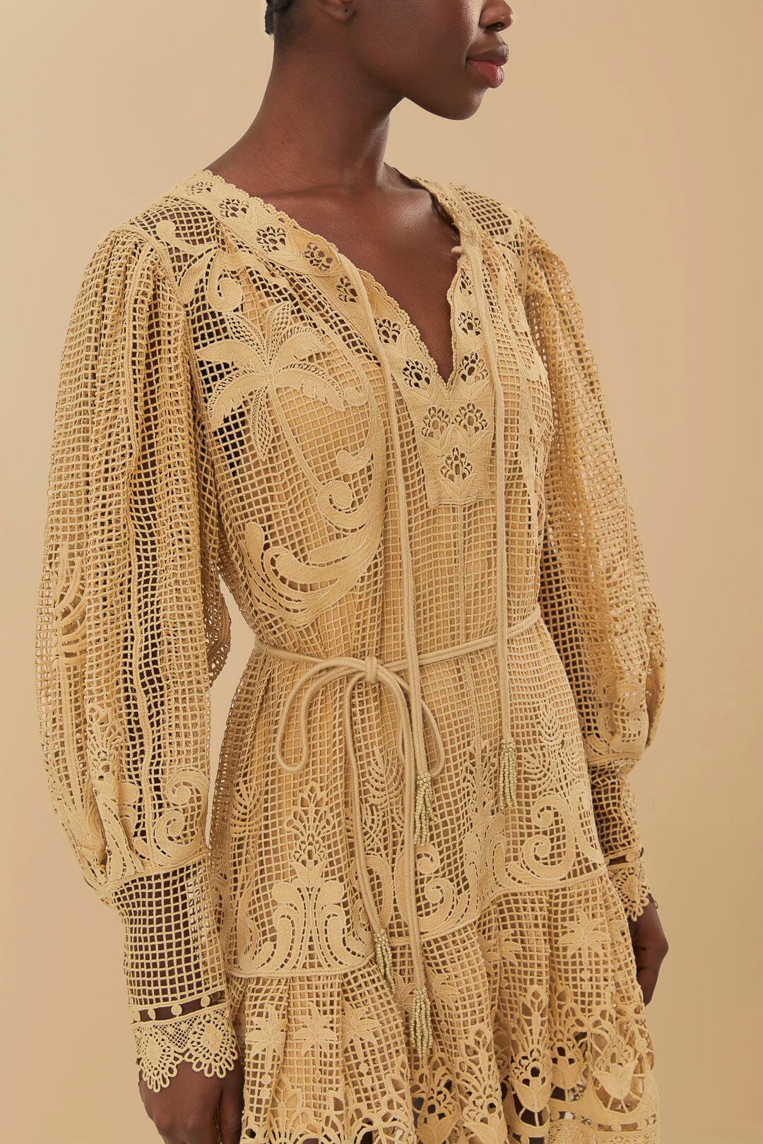 Sand Tropical Flight Guipure Mini Dress | FARM Rio For Sale