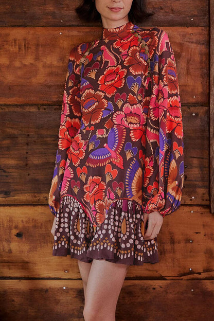 Brown Bright Flora Long Sleeve Mini Dress | FARM Rio Online
