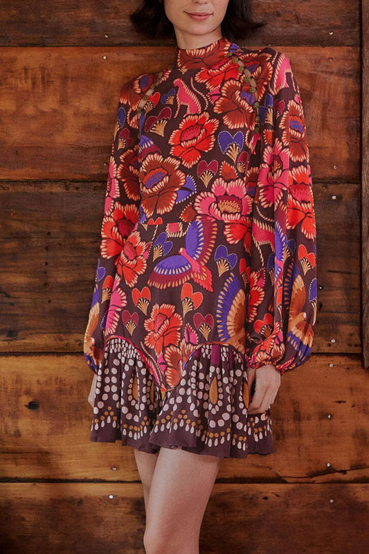 Brown Bright Flora Long Sleeve Mini Dress | FARM Rio Online